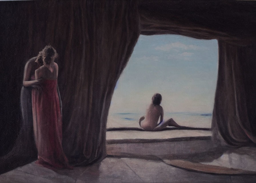 Artwork featuring two figures at cave opening overlooking seascape