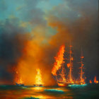 Giant jellyfish-like structures ablaze over fiery sea with ships and lone figure