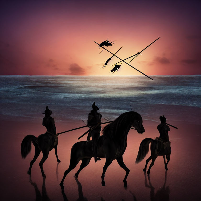 Silhouetted knights on horseback at sunset by the sea