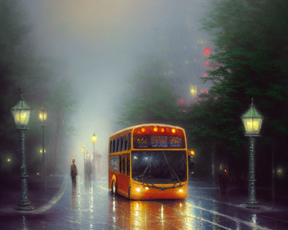 City bus travels down misty street at twilight