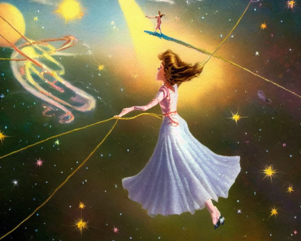 Illustration of girl on tightrope in space with floating boy