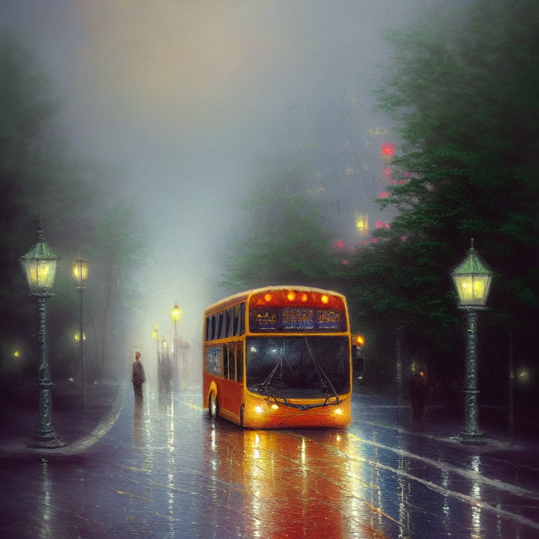 City bus travels down misty street at twilight