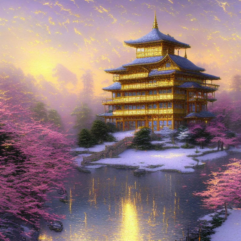 Illuminated multi-tiered pagoda with pink cherry blossoms by tranquil lake at sunset