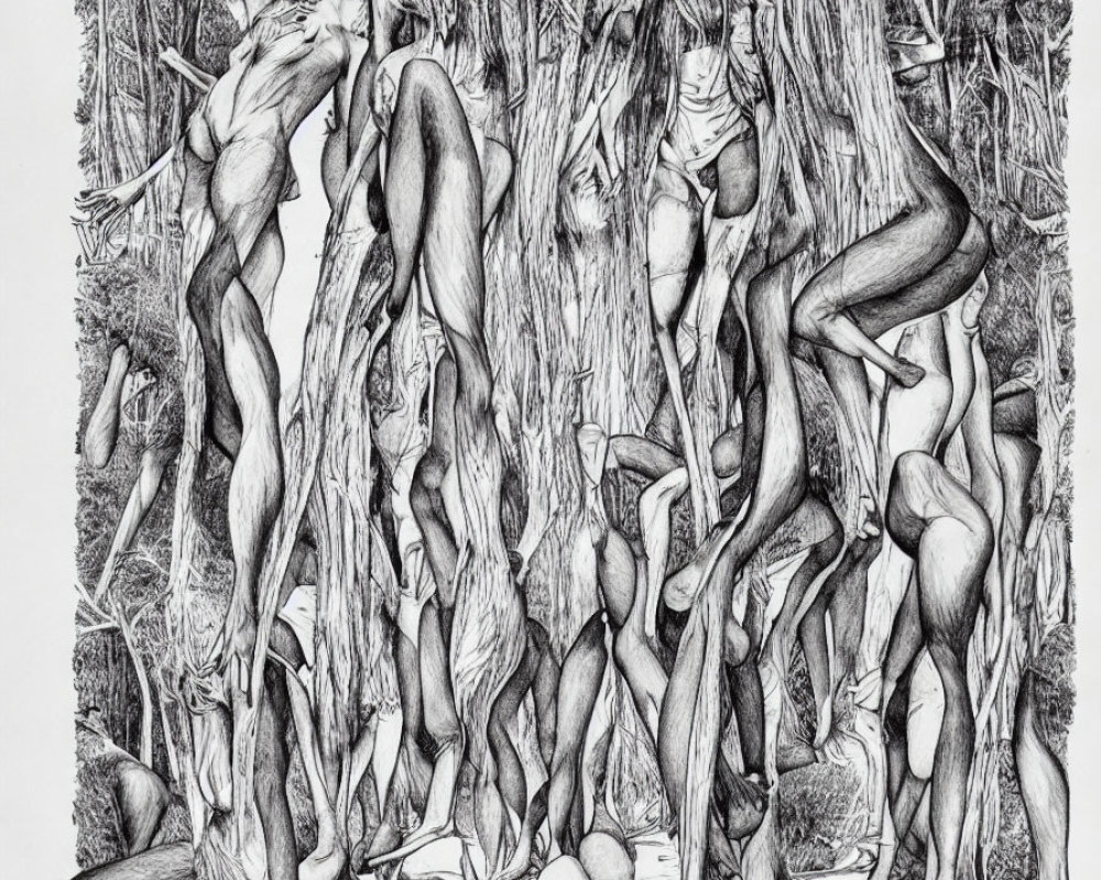 Detailed Surrealist Forest Scene with Human Figures and Tree-like Forms