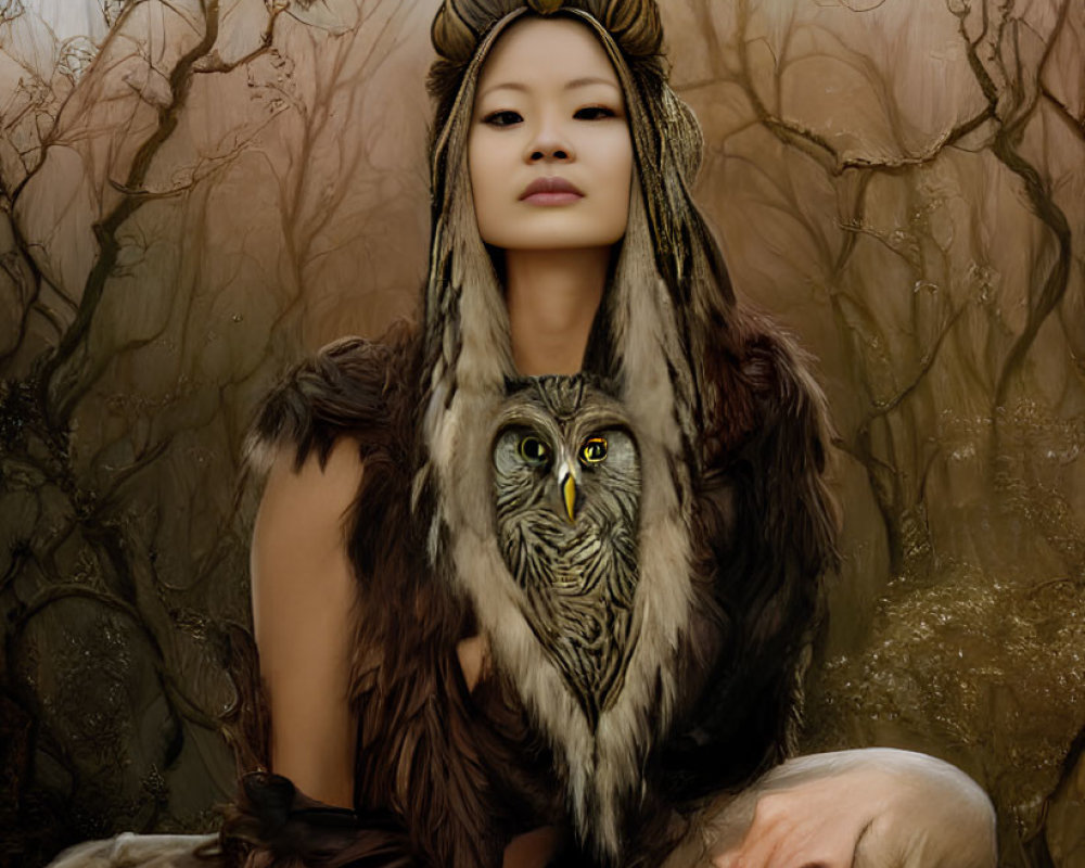 Woman in forest with owl headdress among ethereal trees