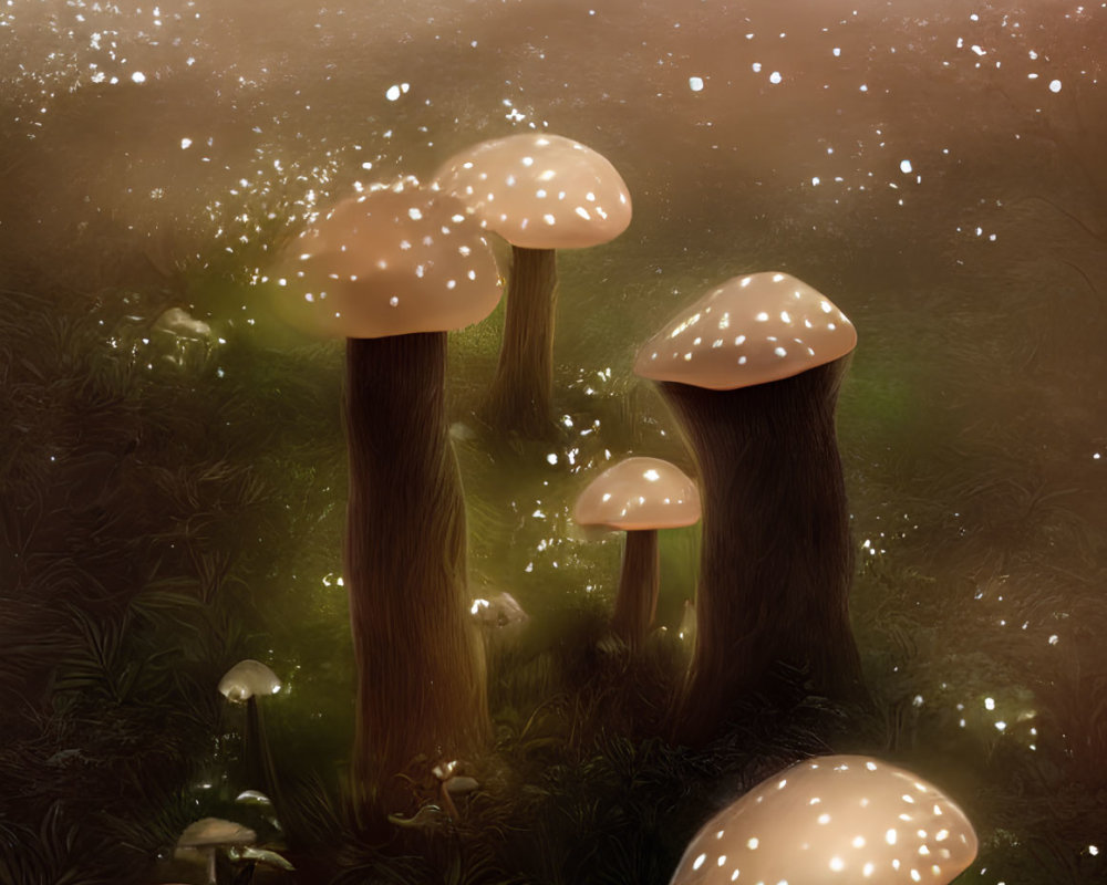 Enchanted forest with glowing mushrooms and magical mist
