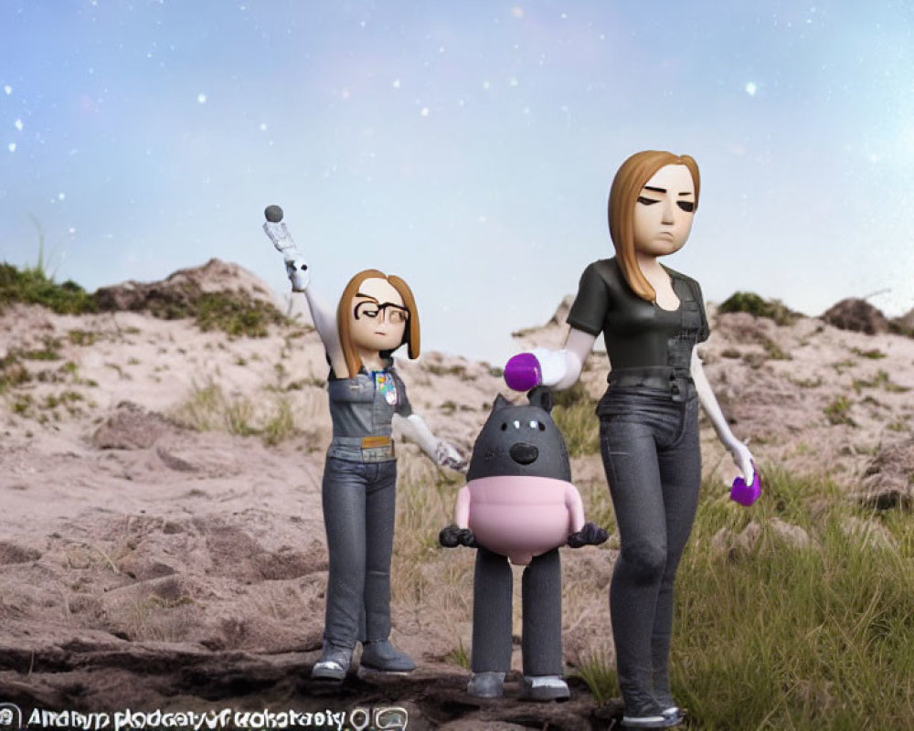 Two Female Characters and Purple Robot on Sandy Terrain under Starry Sky