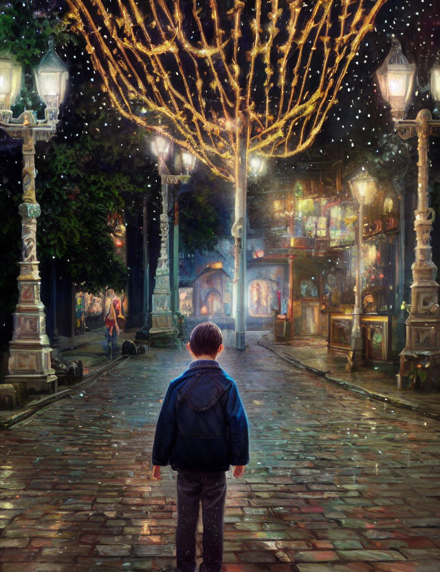 Boy with backpack on cobblestone path gazes at magical illuminated street