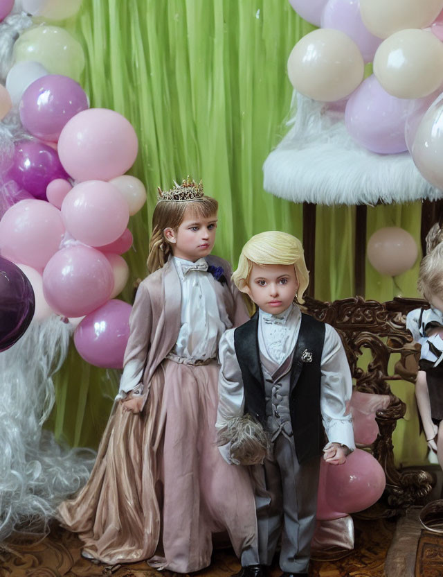 Formal Attire Dolls with Balloons and Draped Fabric
