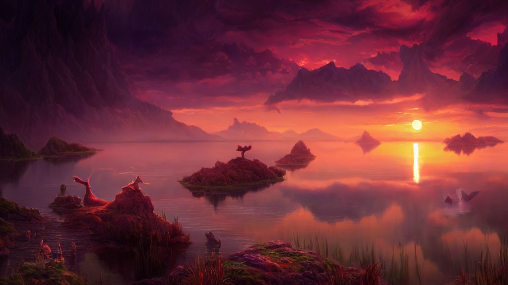 Tranquil sunset landscape with reflective lake, floating islands, vibrant clouds, and dragons.