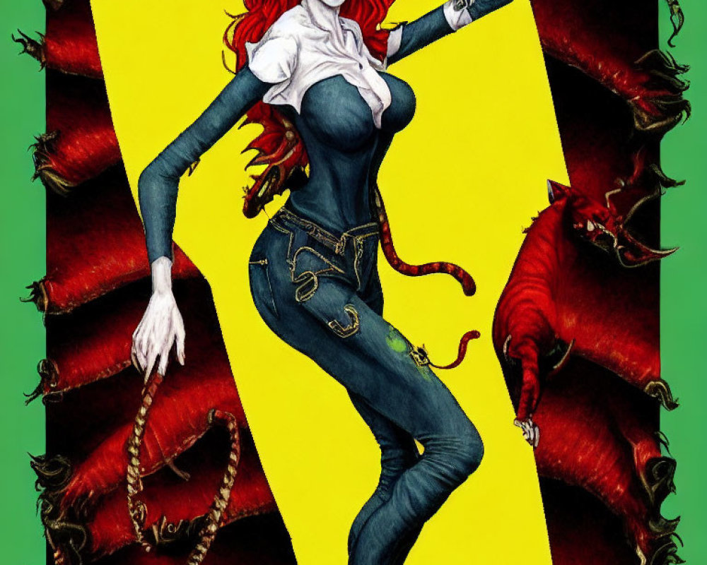 Female character with red eyes and white skin in blue and white outfit holding a chain, demon-like creatures