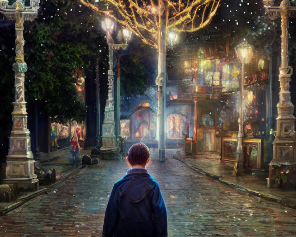 Boy with backpack on cobblestone path gazes at magical illuminated street