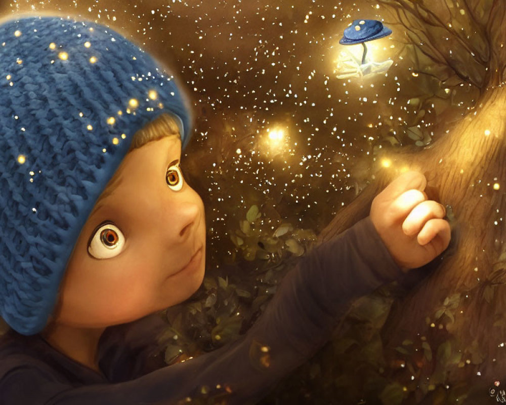 Child in Blue Beanie Observing Glowing Blue Mushroom and Magical Lights