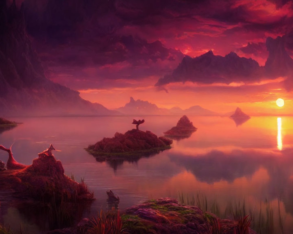 Tranquil sunset landscape with reflective lake, floating islands, vibrant clouds, and dragons.