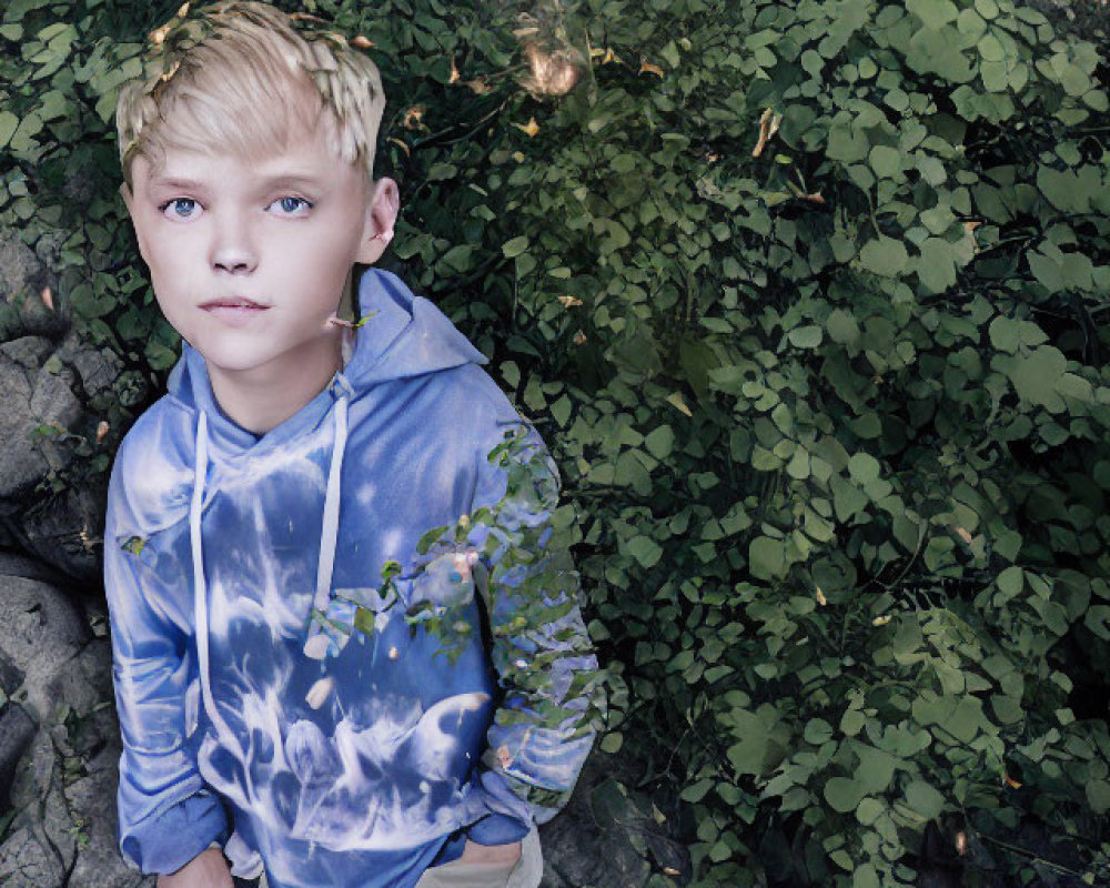 Young boy in galaxy print hoodie surrounded by green plants gazes upwards
