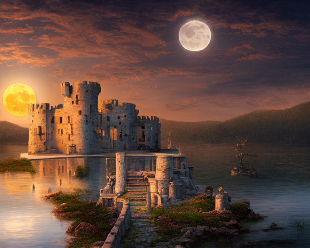 Majestic ancient castle ruins on moonlit islet at sunset