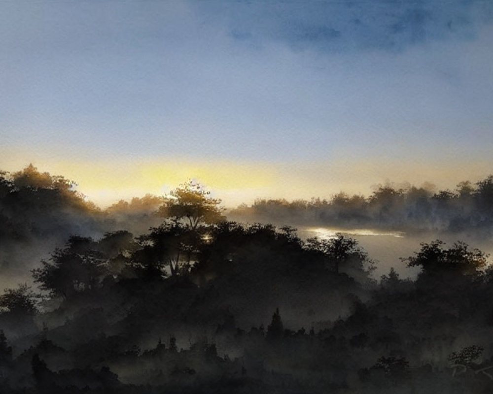 Watercolor landscape: Silhouetted trees at dawn or dusk with orange hints near reflective water