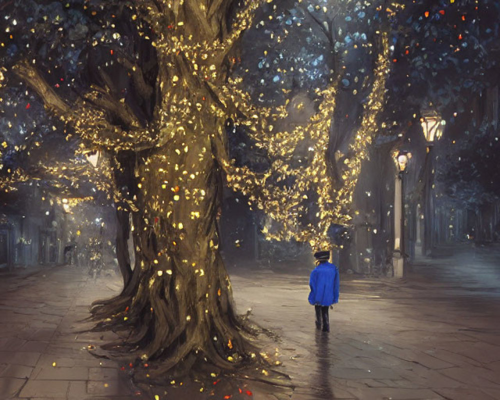 Person in Blue Jacket Under Tree with Twinkling Lights on Quaint Night Street