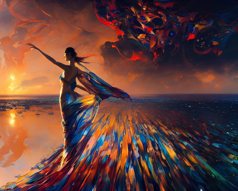 Woman in flowing dress on reflective surface with colorful abstract shapes at sunset