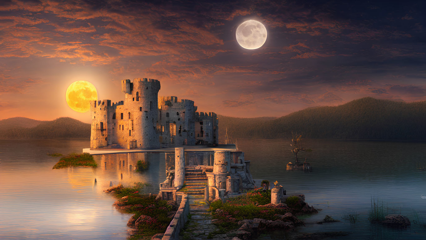 Majestic ancient castle ruins on moonlit islet at sunset