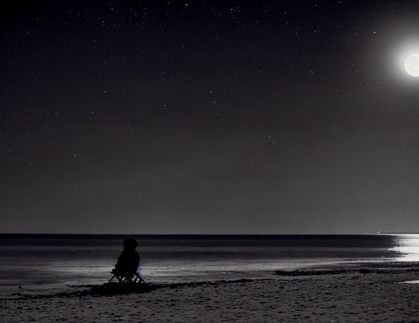 Solitary figure on beach at night under starry sky and bright moon.
