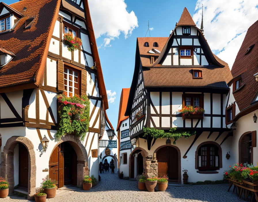 Half-timbered houses with flower boxes in sunny European village square