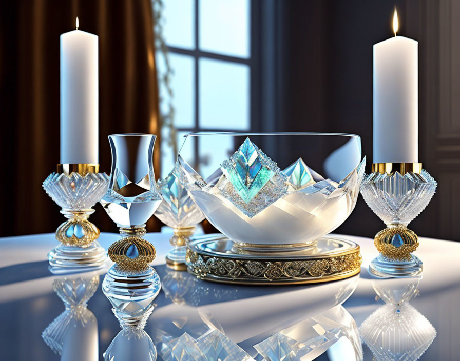 Sophisticated table setting with crystal glassware, candles, gemstone bowl, and natural light.