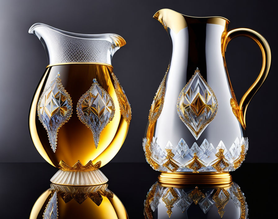 Ornate pitchers with gold and diamond patterns on black background