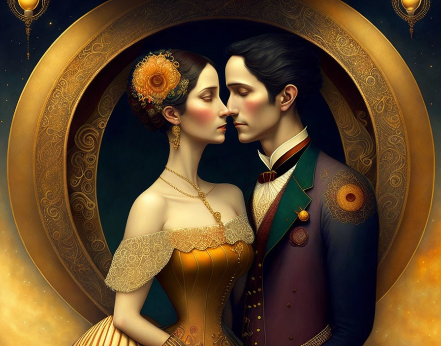 Victorian couple digital artwork in ornate golden frame