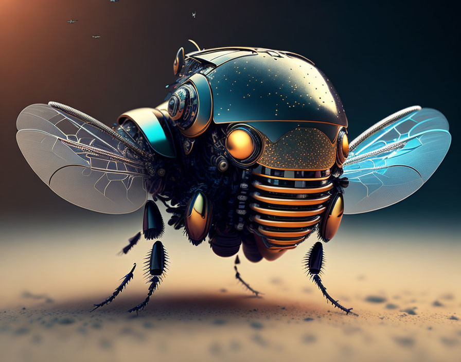 Steampunk-style mechanical insect with glowing orbs and translucent wings