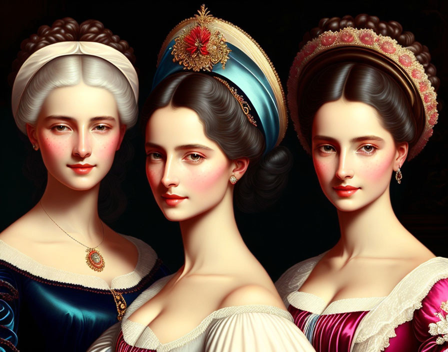 Three Women Portrait with Elaborate Hairstyles and Regal Attire