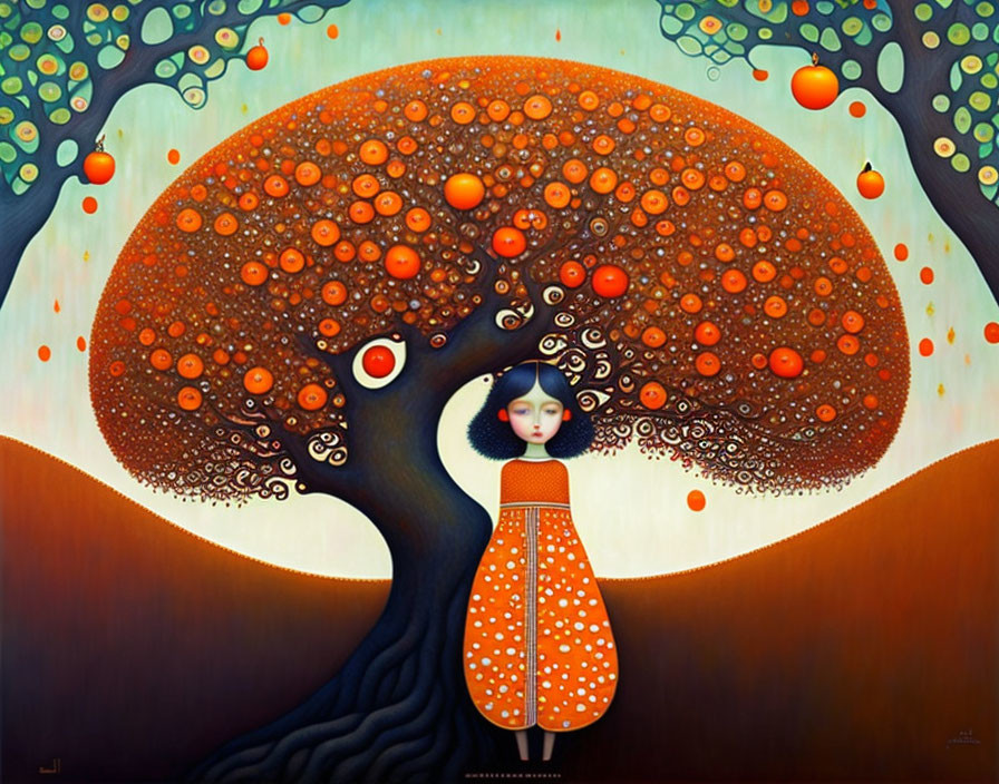 Colorful painting of girl in polka-dot dress under stylized tree with orange leaves