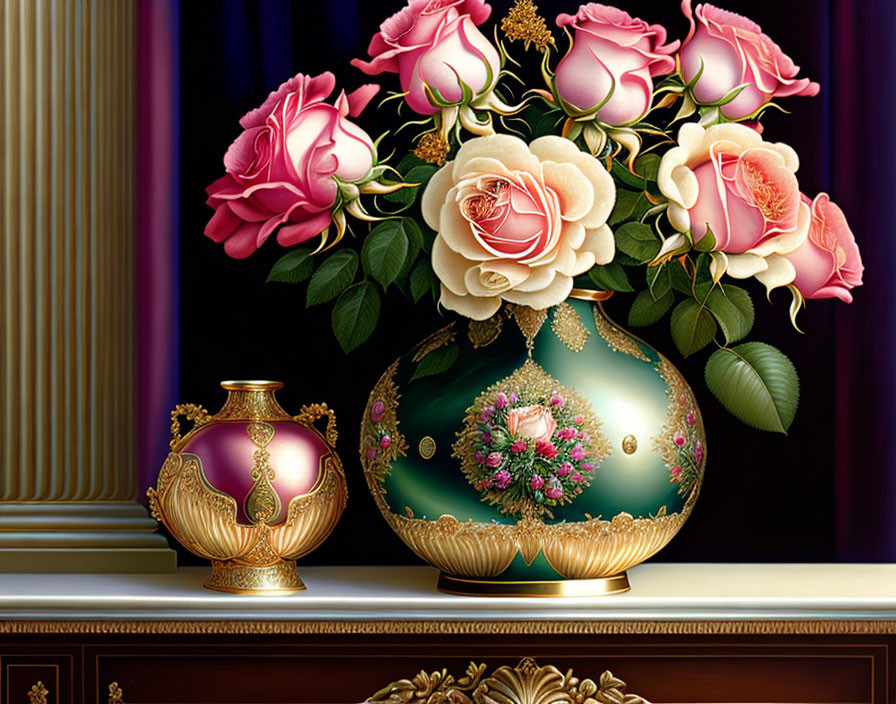 Luxurious Still Life: Pink and Cream Roses in Ornate Vase
