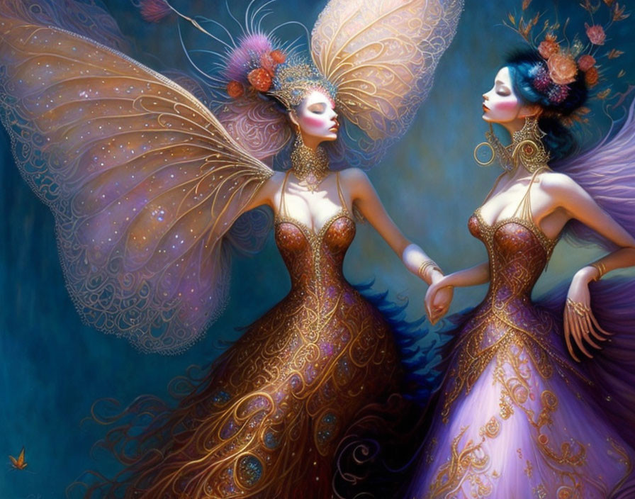 Ethereal female figures in ornate gowns with butterfly wings on fantasy blue backdrop