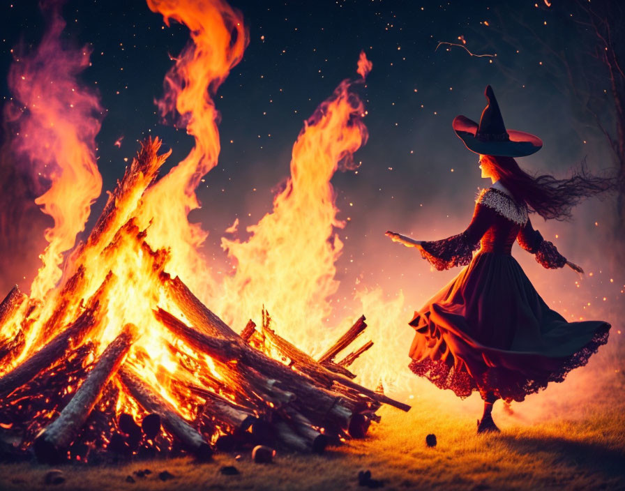 Person in witch costume dancing near large bonfire at night