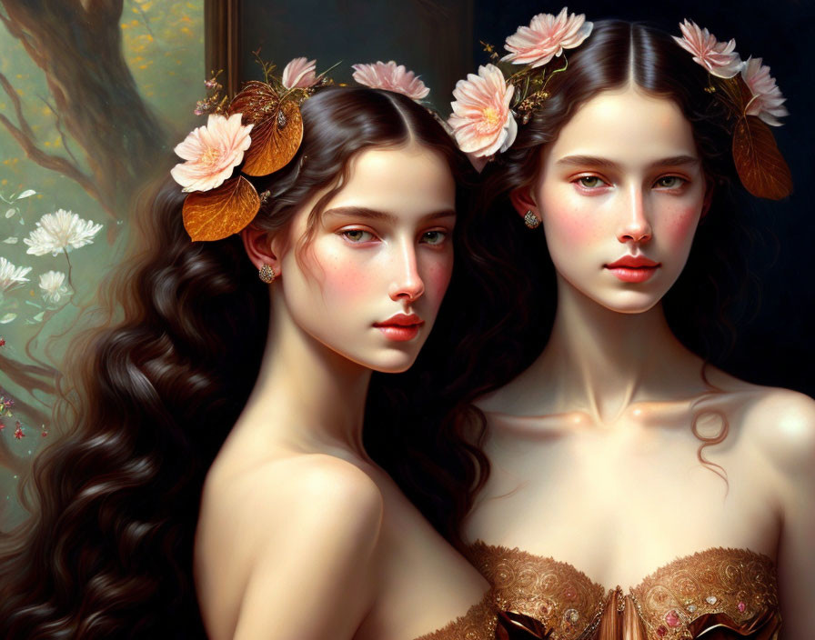Ethereal digital artwork of two women with long, wavy hair and pink flowers