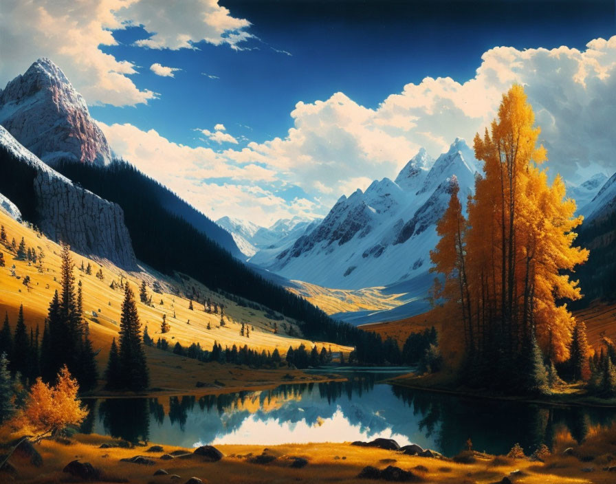 Tranquil landscape with clear lake, golden forest, snow-capped mountains, and blue sky