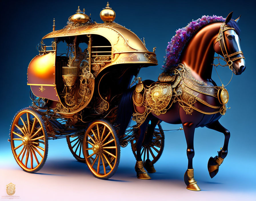 Luxurious golden carriage pulled by regal chestnut horse