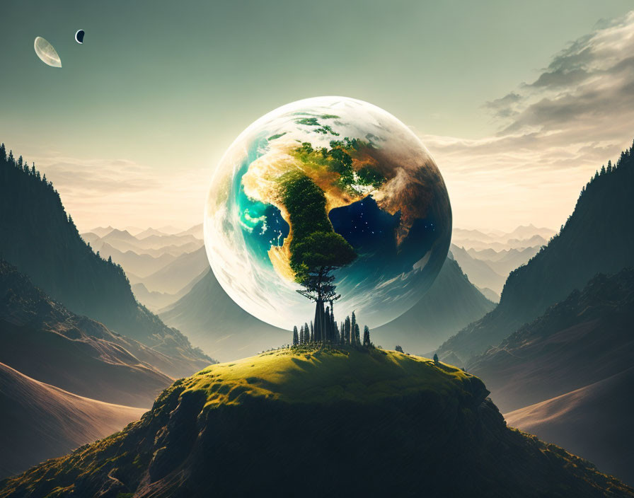 Gigantic floating earth-like sphere with tree in surreal landscape
