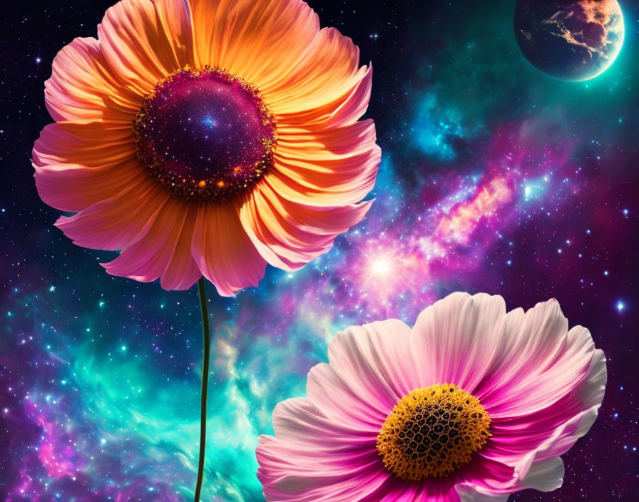 Colorful flowers against cosmic backdrop with nebula, stars, and planet