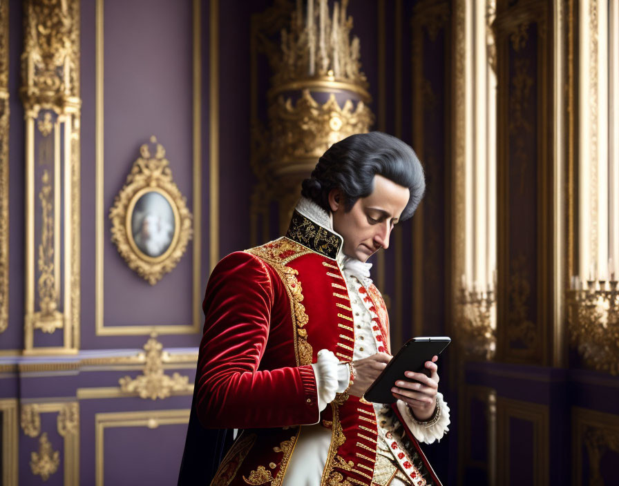 A person in historical aristocratic clothing with smartphone in luxurious classical room