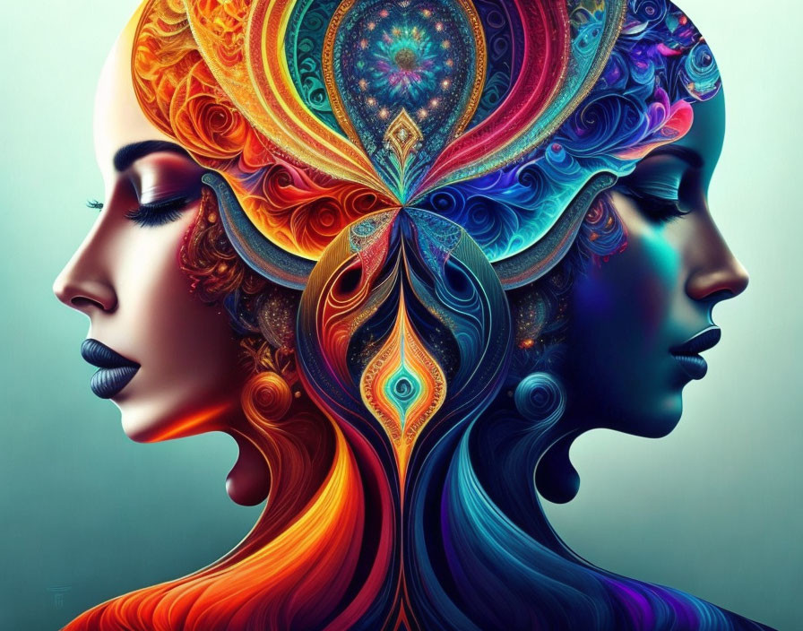 Vibrant digital art: Two women's profiles with ornate designs and colorful patterns