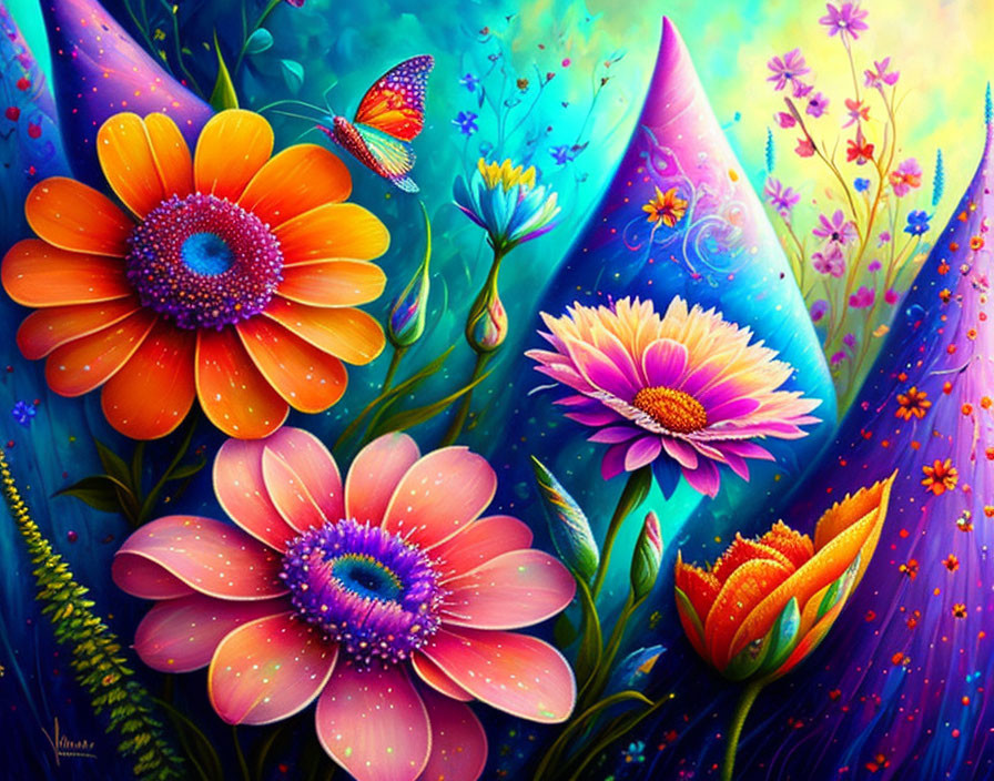 Colorful Stylized Flower Painting with Butterfly on Whimsical Blue Background