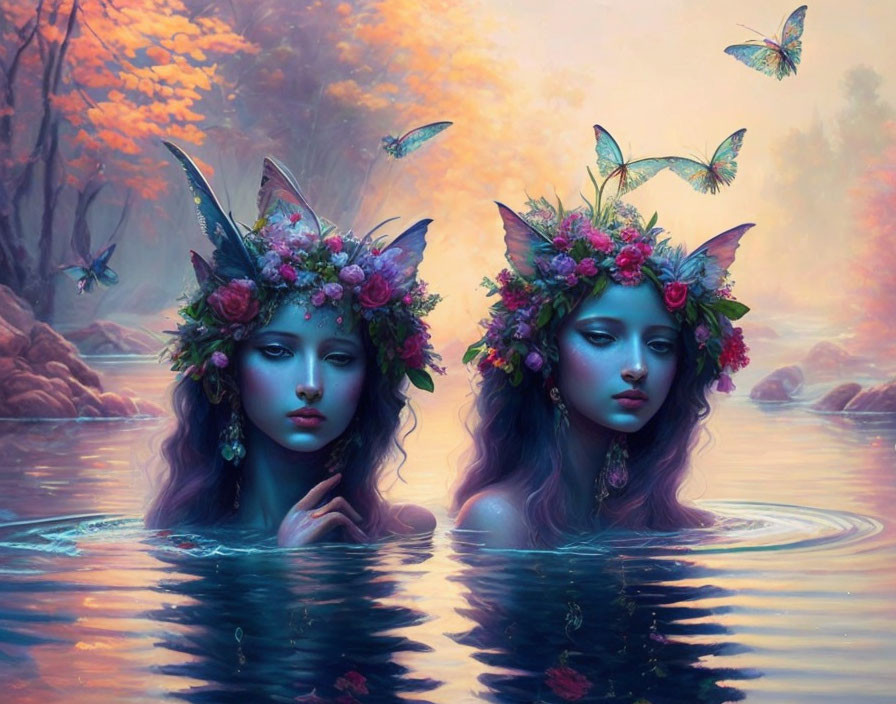 Ethereal women with floral crowns in serene waters under misty forest.