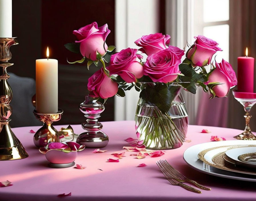 Elegant pink rose table setting with candles and gold-trimmed plates