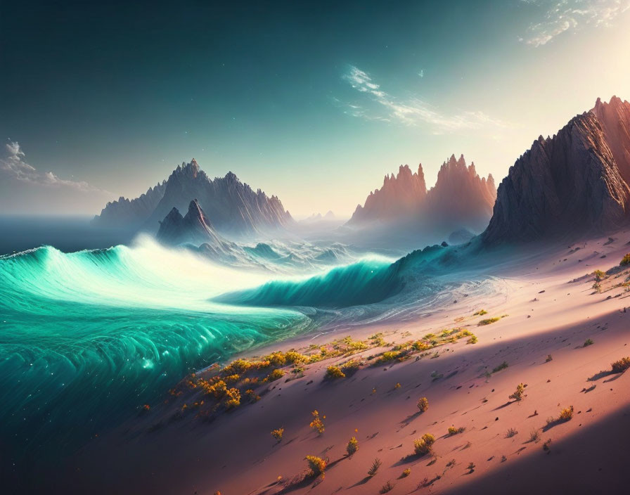 Surreal landscape: Turquoise waves, sandy shore, jagged peaks, pastel sky