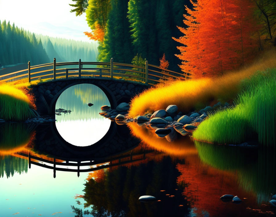 Tranquil autumn lake with circular bridge and colorful foliage