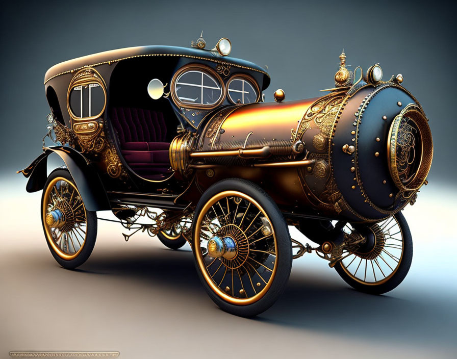 Steampunk-inspired car with ornate brass detailing