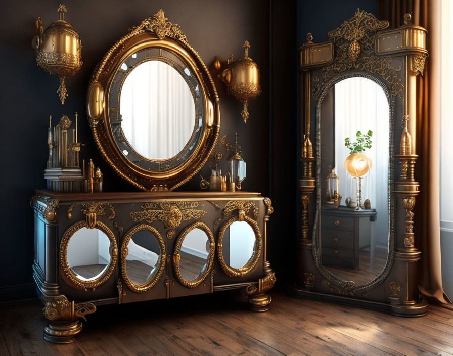 Opulent interior with golden mirrors and console table against dark wall