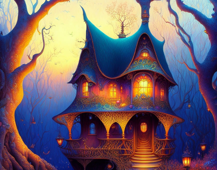 Whimsical treehouse illustration in mystical forest at dusk